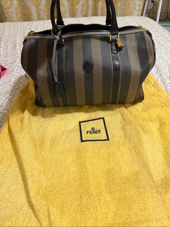 Fendi Handbags - Fendi Black & Brown Striped Leather-Trim Duffel Bag